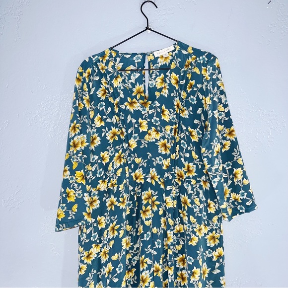 Amour Vert Size Large Teal floral Midi Silk Dress - Picture 3 of 7